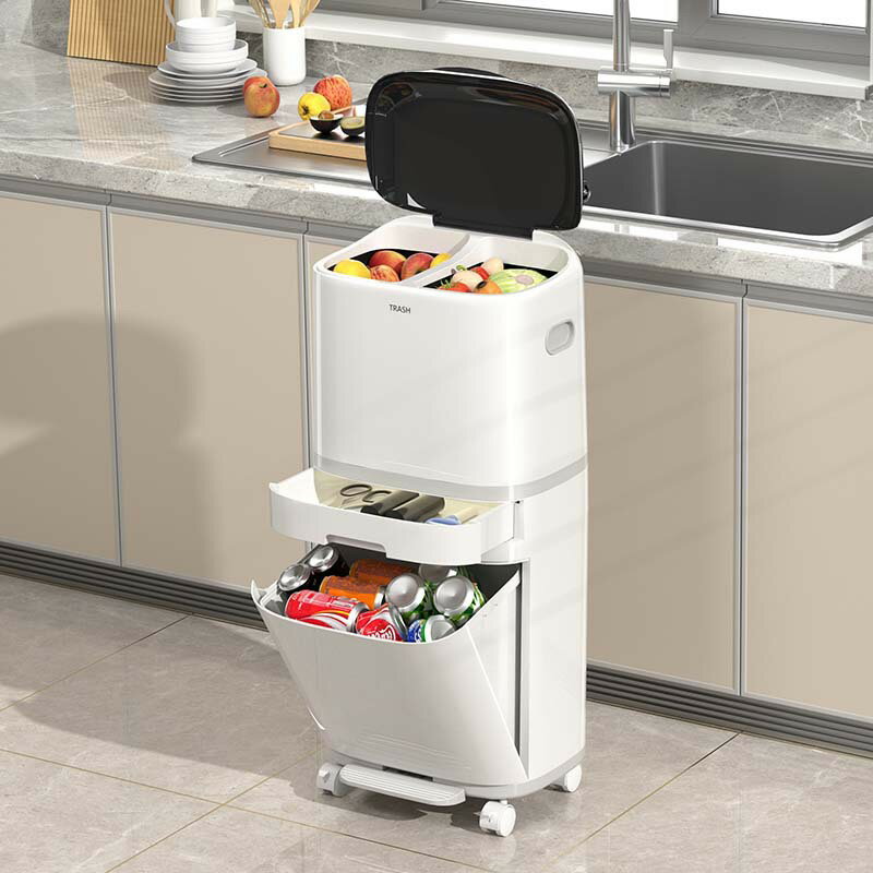 新款廚房雙層分類垃圾桶按壓式塑料帶蓋可移動垃圾桶家用塑料桶 全館免運