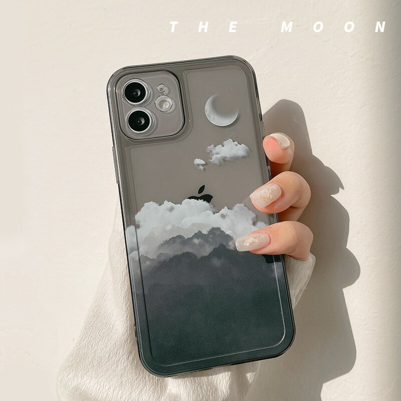 適 iphone 15 四角氣囊 精準開孔 月亮 漸變 雲層 方框 透色 透黑 黑色 防摔 蘋果 i7 13 手機殼