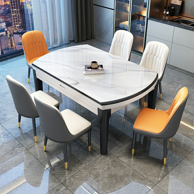 餐桌 椅組合 現代簡約 伸縮折疊 大理石 餐桌 可變圓桌 子 家用 小戶型