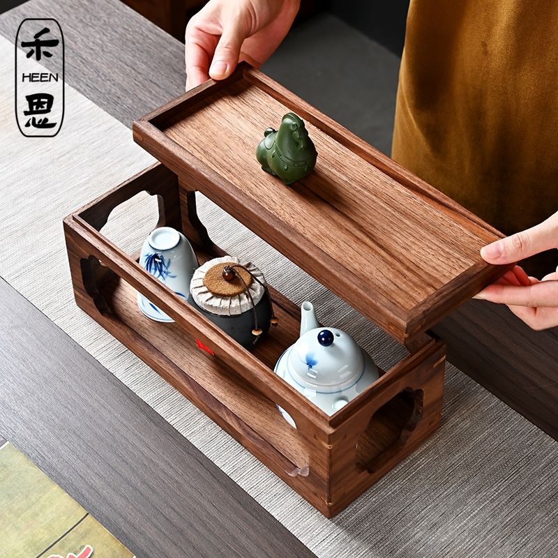 限時下殺 免運/可開票 北美黑胡桃木桌面收納架中式古風家用茶室通用多層實木茶具置物架