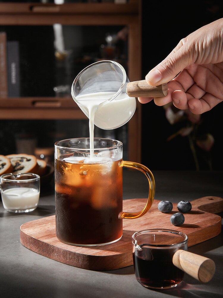 小奶盅日式迷你木柄玻璃奶罐牛奶壺帶把尖嘴加奶杯調濃縮咖啡奶壺