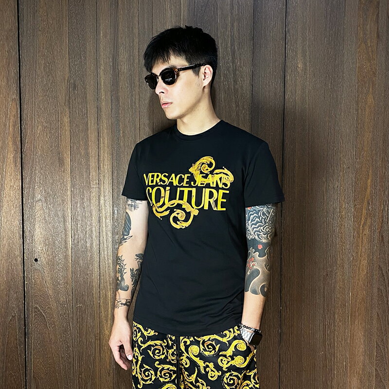美國百分百【全新真品】Versace Jeans 凡賽斯 短袖 棉質 T恤 VJ 上衣 LOGO 短T 黑色 CV94