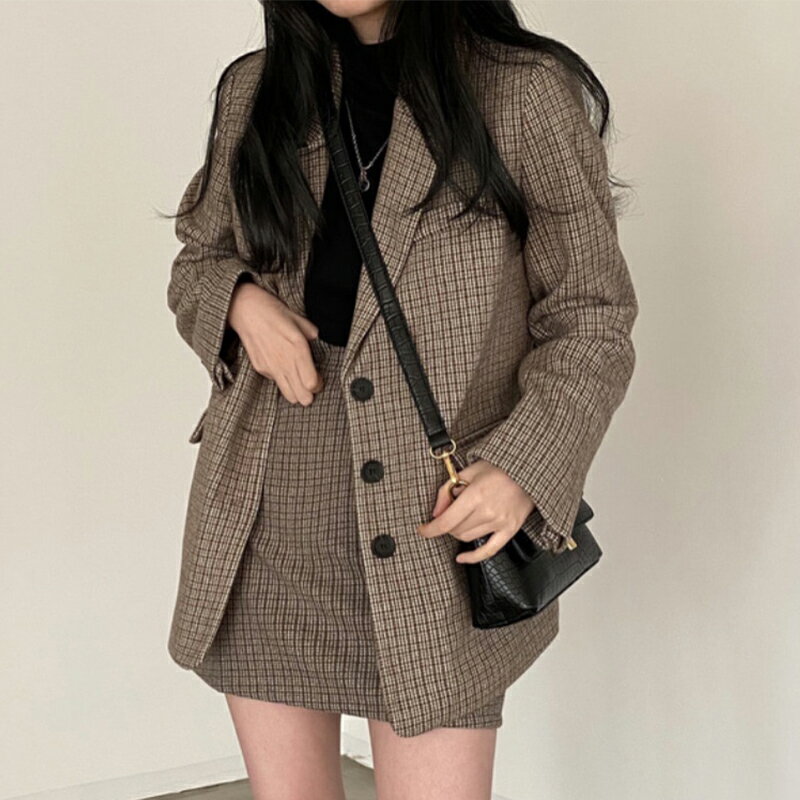 韓國chic復古格紋西裝領三粒扣長袖西裝外套+高腰A字包臀半身裙女