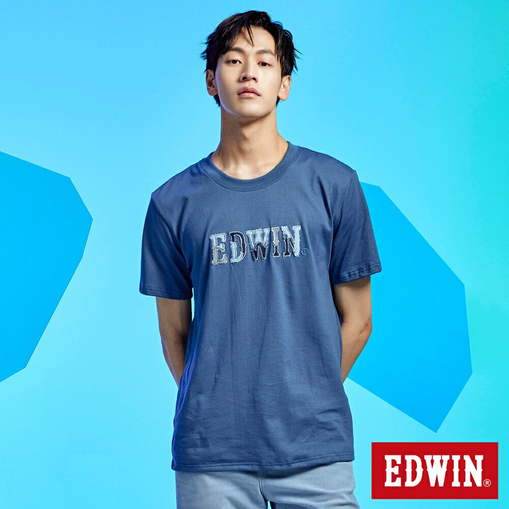 EDWIN 拼布LOGO短袖T恤-男款 灰藍色