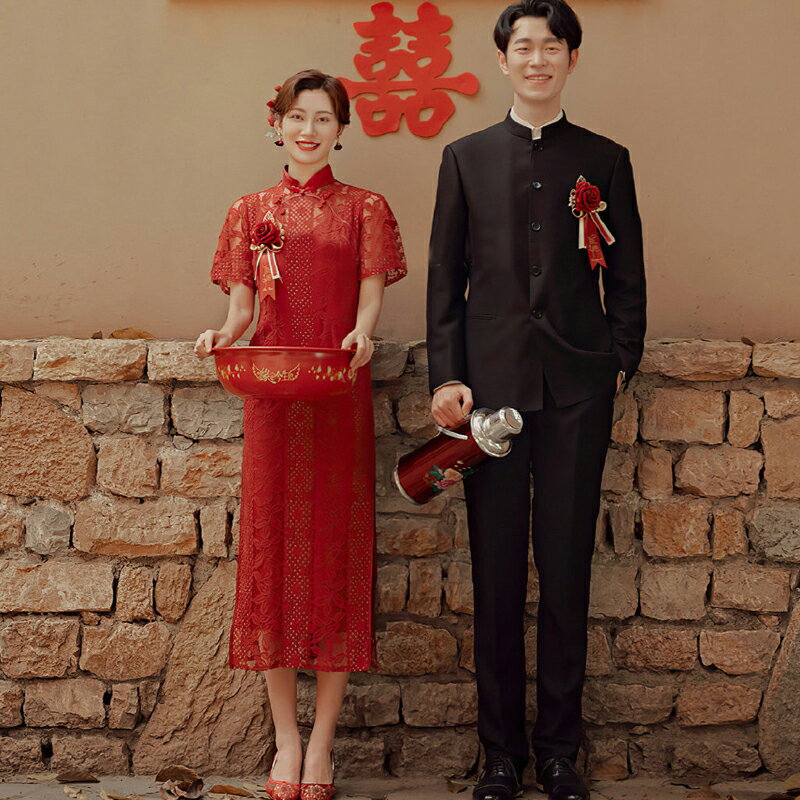 影樓主題婚紗中式情侶復古紅色喜慶蕾絲旗袍80年代感喜嫁拍照禮服