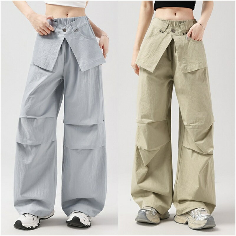 現貨+預購 女高腰冰絲長褲天絲寬褲顯瘦薄款垂感直筒褲休閒西裝褲-寬鬆傘兵運動褲4色74ls35【獨家進口】【米蘭精品】