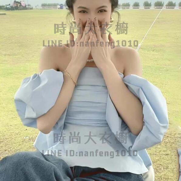 韓國一字肩上衣女露肩上衣夏季減齡設計感小眾泡泡袖抹胸法式復古短款襯衣女【時尚大衣櫥】
