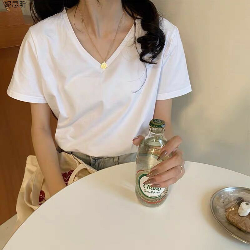 純棉白色t恤女短袖ins超火夏季新款韓版寬松學生純色v領上衣