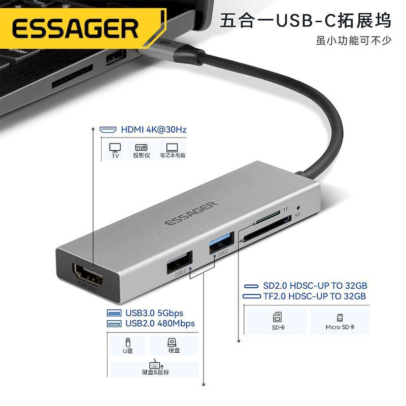 擴充套件塢 USB-C 多功能筆電擴充套件底座 HDMI ESSAGER五合一type-c擴充套件塢usb hub多功能集線器筆記本電腦分線器