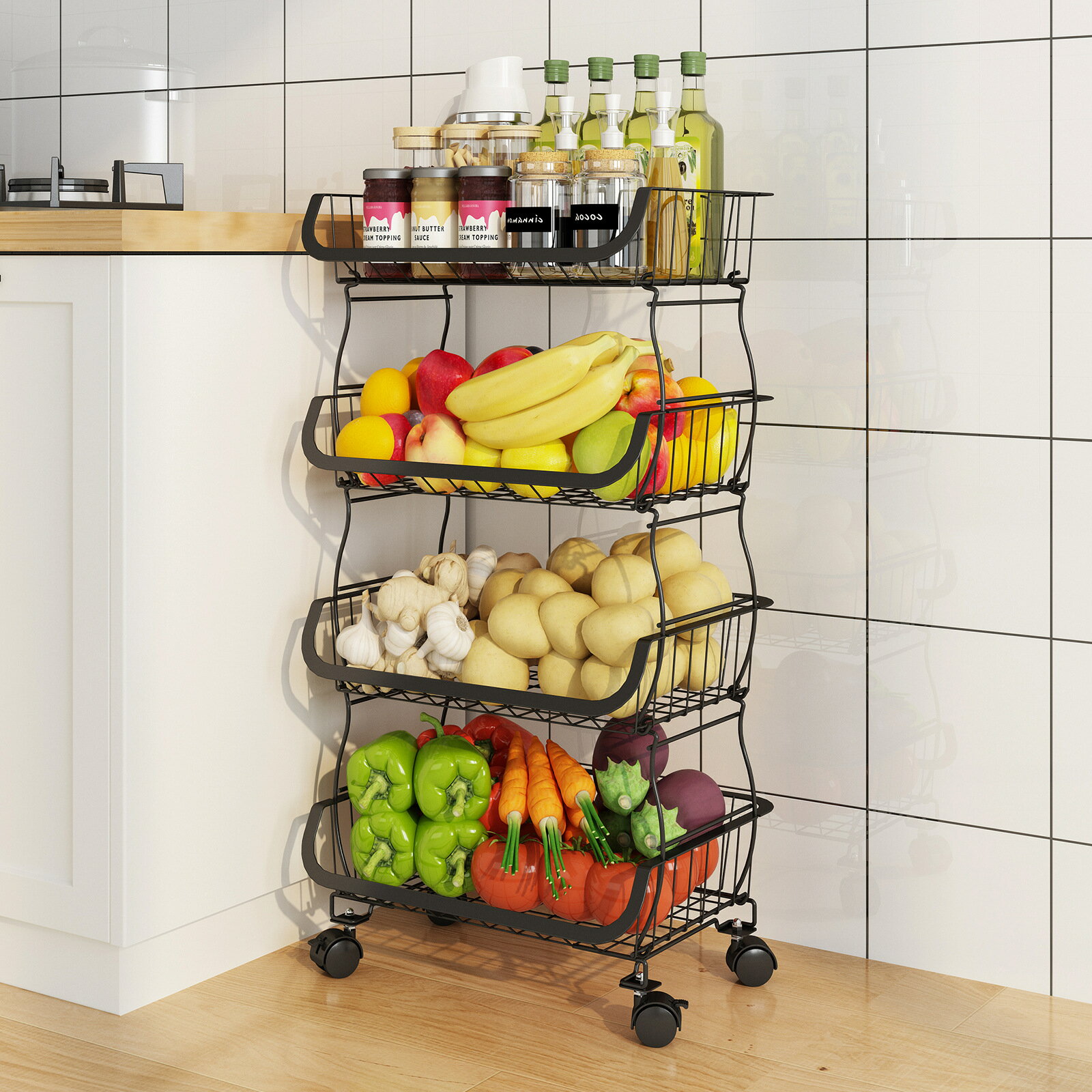 廚房蔬菜水果置物架落地推車收納架家用可移動可疊蔬果雜物收納籃