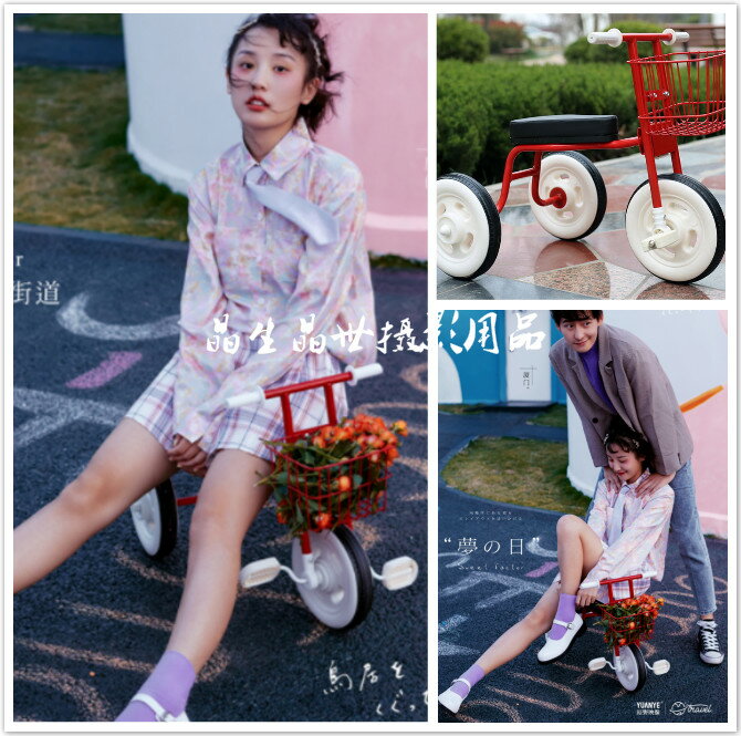 新款兒童攝影道具腳踏車韓式鐵藝自行車旅拍外景小紅車兒童小車