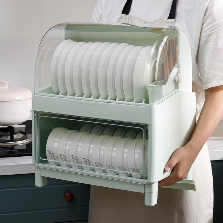 碗櫃 碗筷收納盒帶蓋雙層瀝水放碗碟置物架家用廚房裝碗盤收納架箱碗櫃「夏季新品」