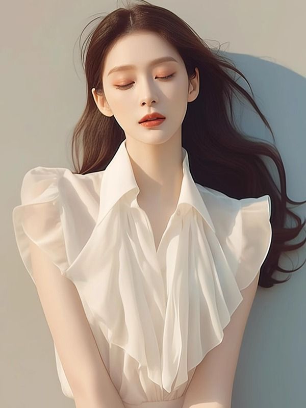 荷葉邊白色襯衫女法式POLO領設計感寬松顯瘦襯衣女小飛袖上衣夏季新款