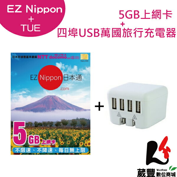 ★滿3,000元10%點數回饋★EZ Nippon日本通5GB上網卡+TUE 四埠USB輸出萬國旅行充電器