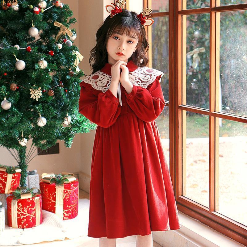 女童加絨新年禮服裙子圣誕2023紅色公主裙秋冬連衣裙大童女孩冬季