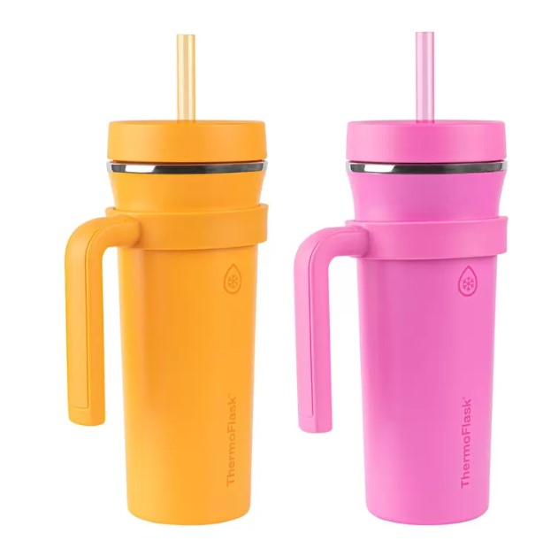 ThermoFlask 不鏽鋼吸管隨行杯附提把 950毫升 X 2件組 橘 + 粉
