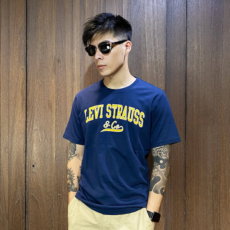 美國百分百【全新真品】Levi's 短袖 棉質 T恤 上衣 英文 logo T-shirt 男 深藍 CF15
