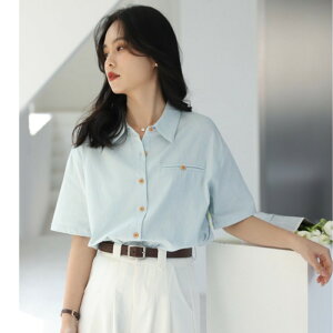 韓系小清新Polo領短袖襯衫女夏季設計感別致小眾寬松開衫上衣