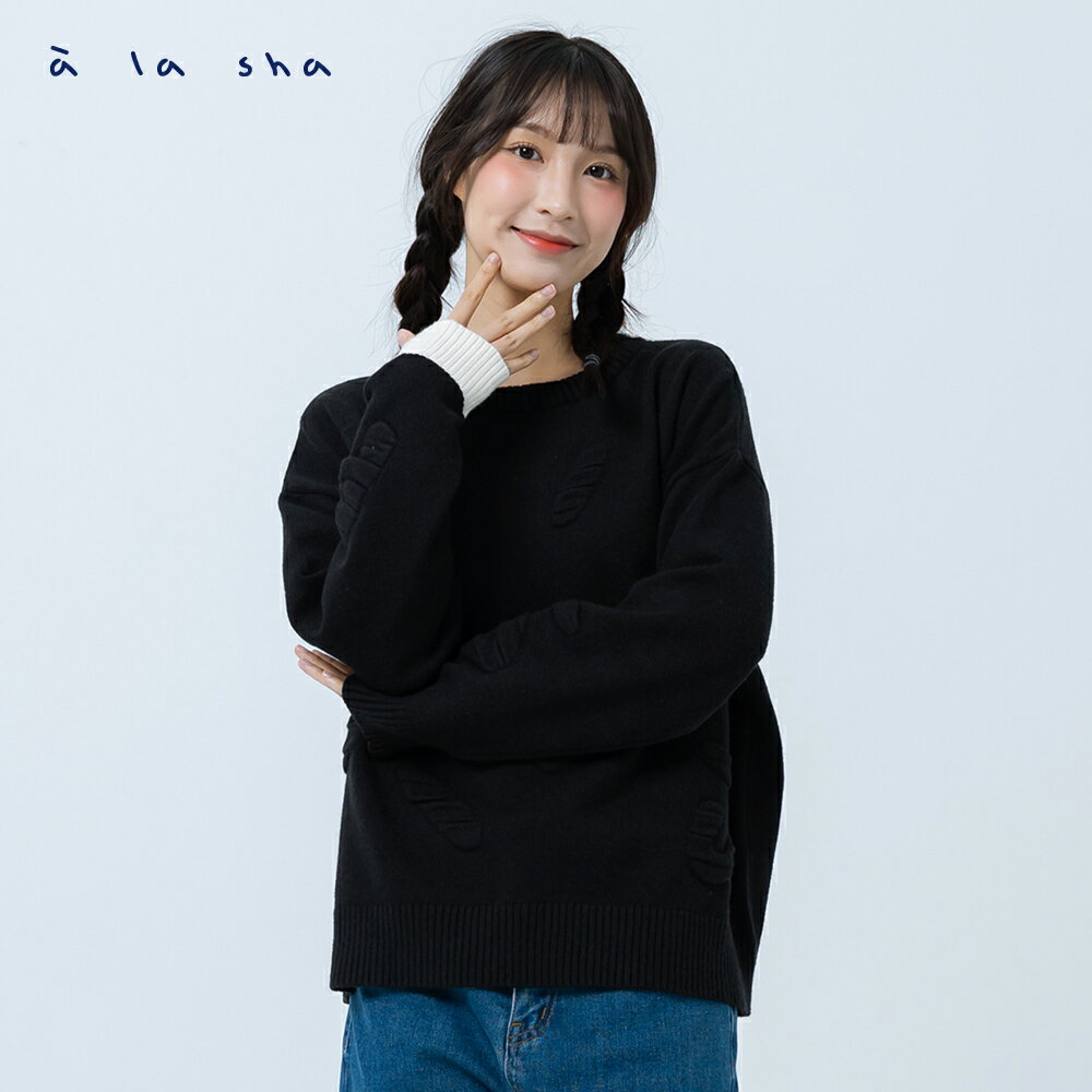 a la sha 立體緹花LOGO長袖毛衣 1