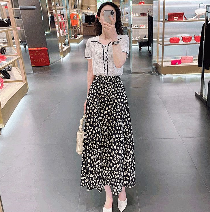 短袖裙裝套裝女氣質微透V領顯瘦上衣雪紡碎花半身裙時尚兩件套夏新款