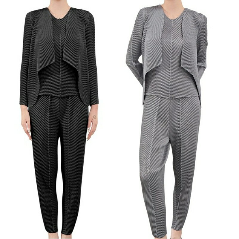 現貨+預購 三宅風上衣褶衣套裝女外套長褲高級折衣彈力女裝顯瘦摺衣大碼-三件套西裝4色74lj4【獨家進口】【米蘭精品】