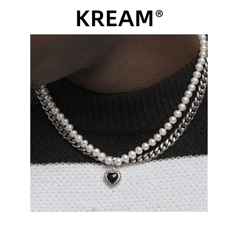 KREAM 原創 珍珠疊加古巴項鏈心形吊墜嘻哈男女同款鎖骨毛衣鏈