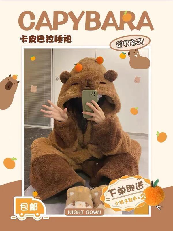 卡皮巴拉睡袍女秋冬季珊瑚絨睡衣加厚毛絨連身情侶大尺碼家居服套裝