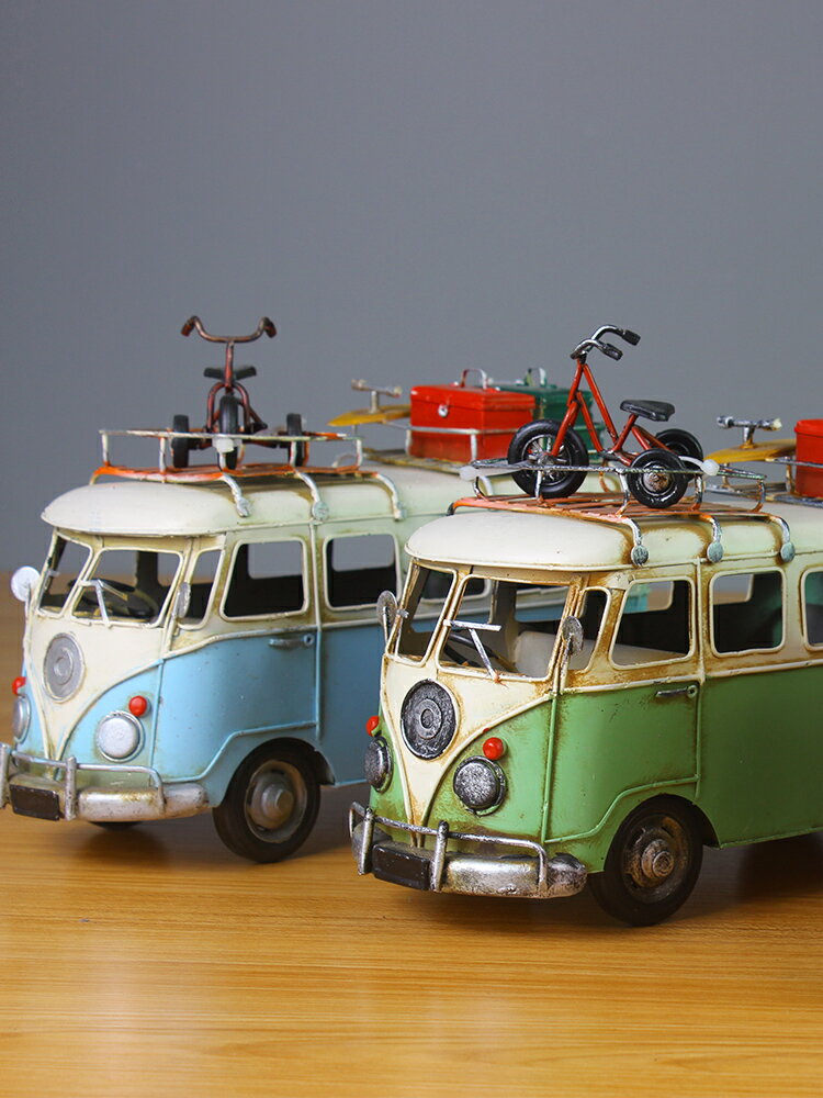 旅行巴士復古家居裝飾品擺件客廳電視柜酒柜擺件鐵皮老爺車模型 3