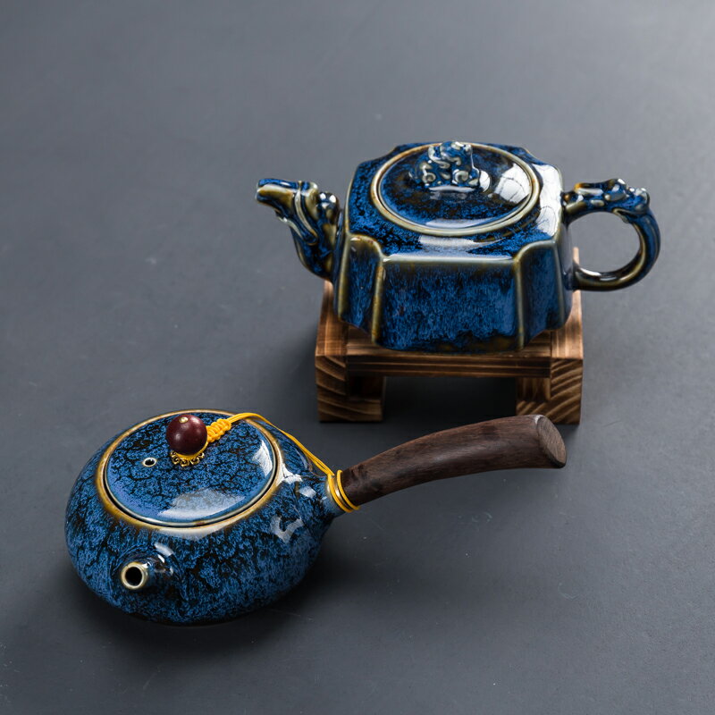 窯變釉茶壺陶瓷泡茶器仿古功夫茶具藍色單壺創意茶壺側把過濾孔