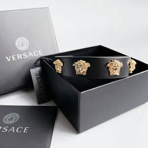 美國百分百【全新真品】Versace 凡賽斯 VJ 手環 飾品 配件 編織 女王 搖滾 皮革 黑色 BP51