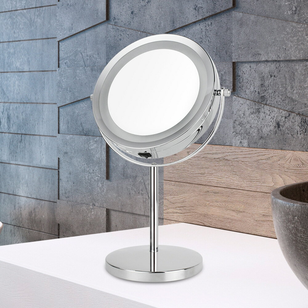 臺式金屬化妝鏡LED雙面帶燈補光鏡家居用5倍10倍放大鏡裝電池燈鏡