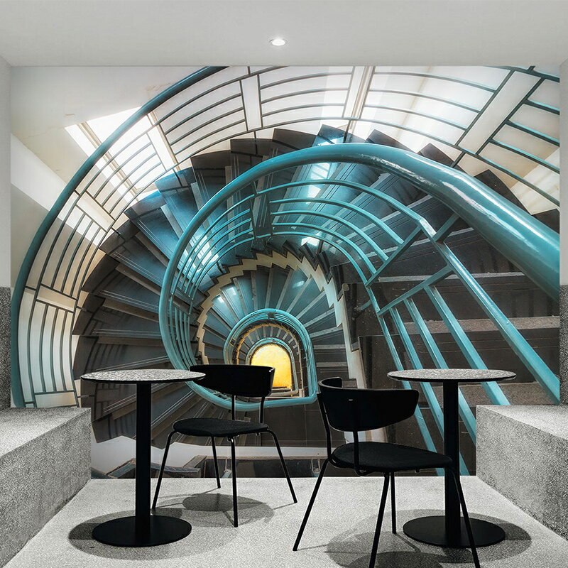 3D樓梯扭曲空間延伸壁紙立體水泥監獄走廊視覺墻紙復古工業風壁畫