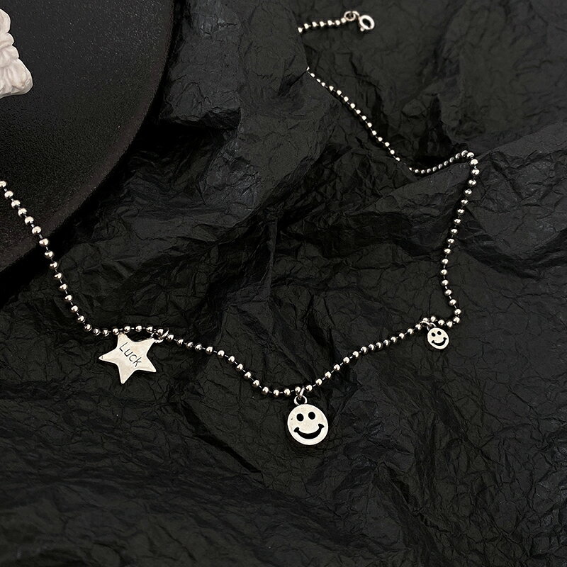 純銀笑臉項鏈女夏年新款做舊星星鎖骨鏈復古泰銀嘻哈潮鎖骨鏈 3
