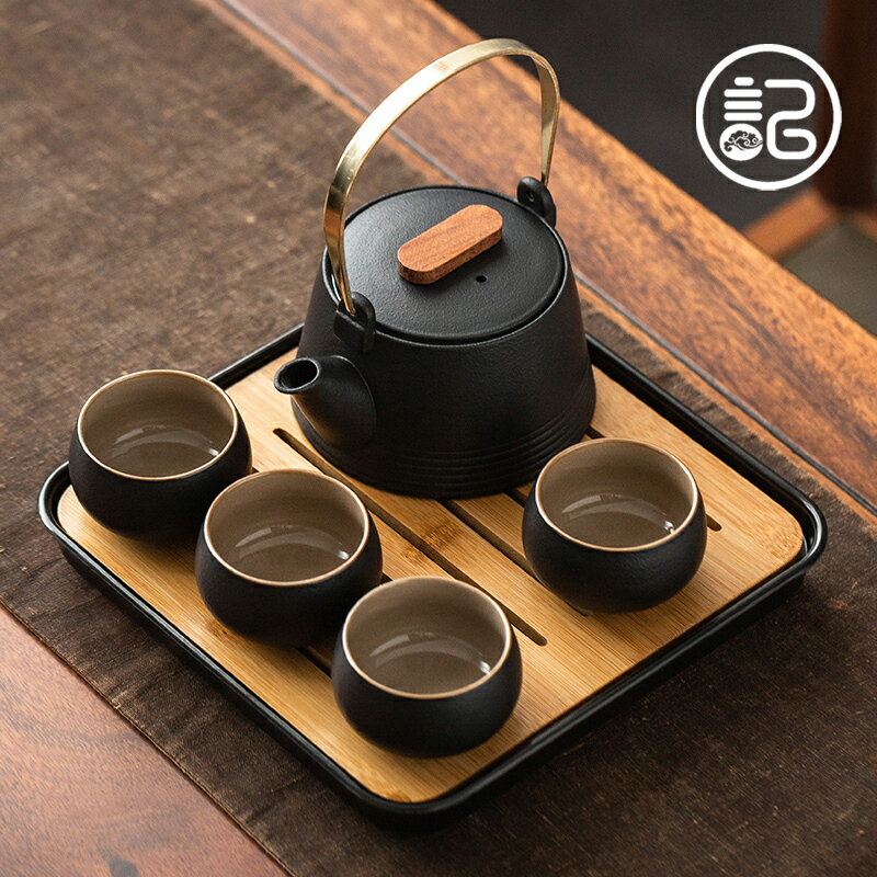 日式提梁壺茶具套裝家用黑陶功夫陶瓷茶壺茶盤一壺四杯旅行套組記