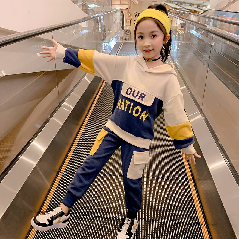 春裝女童新款套裝時尚運動風拼色連帽衛衣韓版束腳口袋休閑褲1入