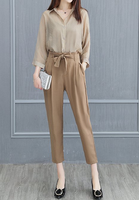 FINDSENSE品牌 秋季 新款 韓國 簡約吊帶+氣質純色襯衫+繫帶休閒褲 顯瘦 三件套 時尚 潮流套裝