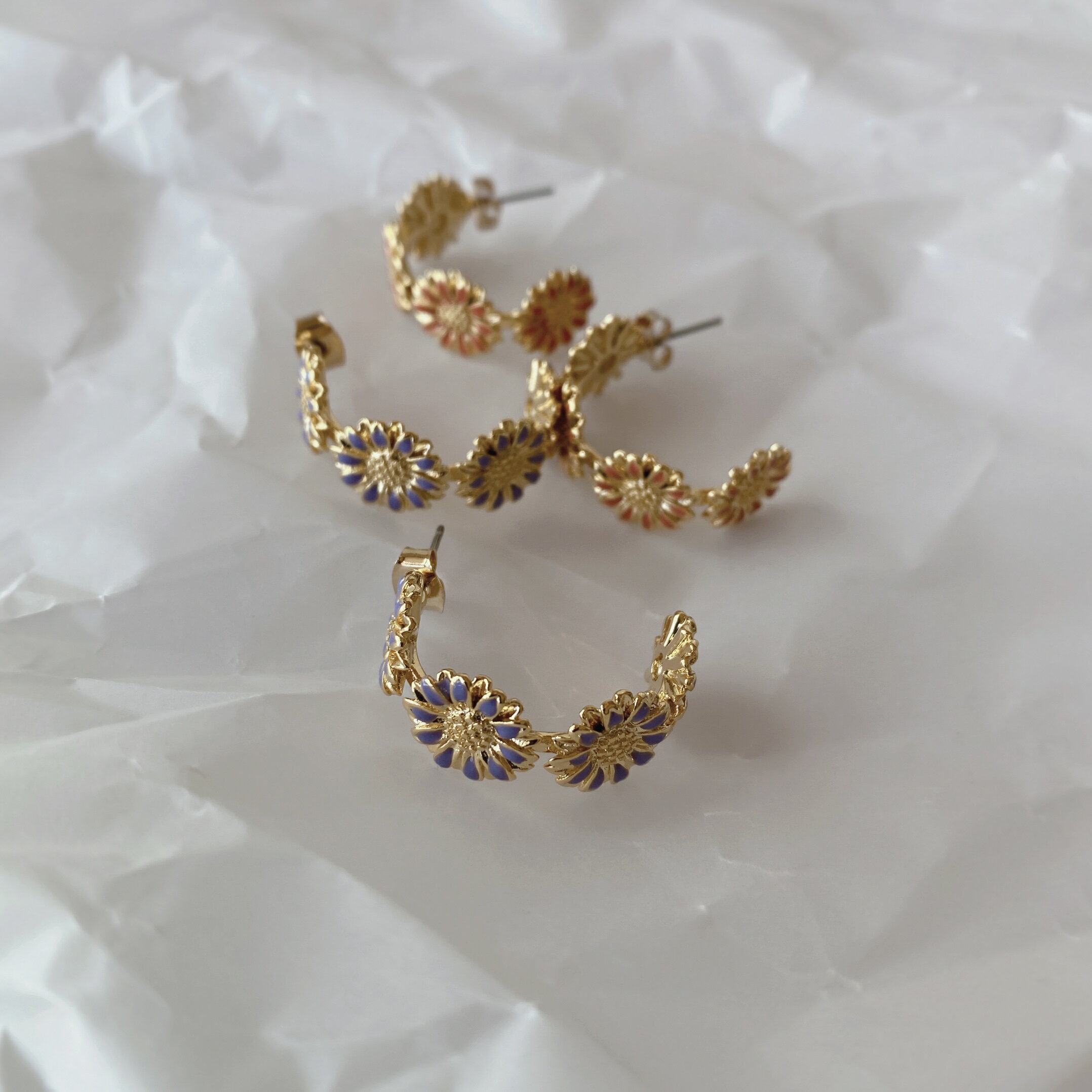 合金｜彩繪花朵耳環｜金色+橙色