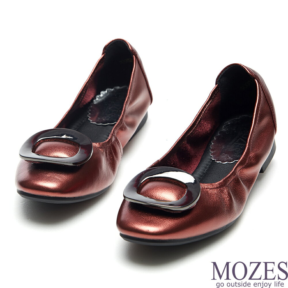 【MOZES】金屬環飾舒軟娃娃鞋(全羊皮平底鞋)-金屬紅