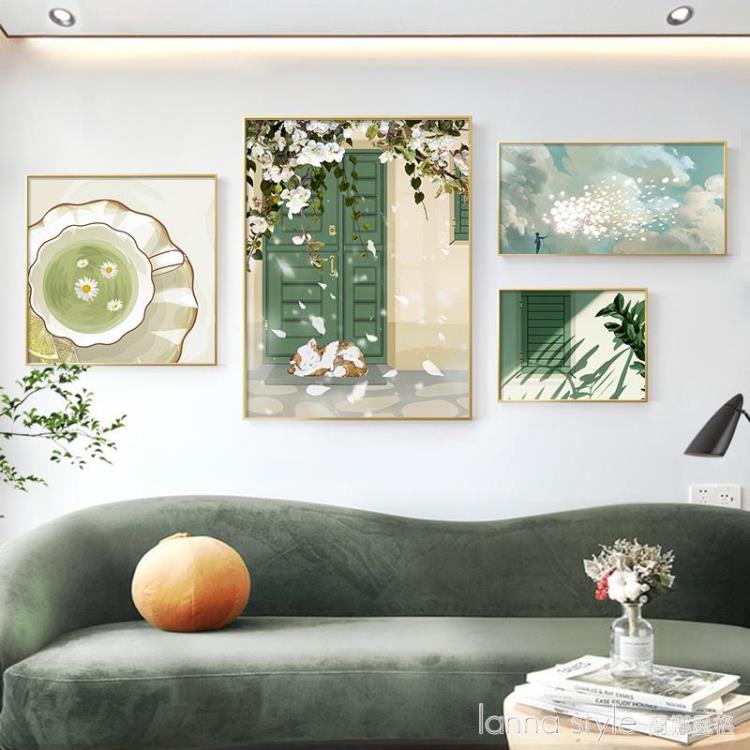 清新綠色沙發背景牆掛畫北歐治愈系客廳裝飾畫餐廳花卉貓組合壁畫
