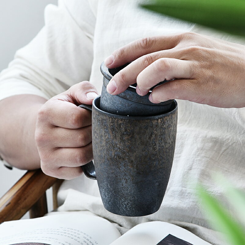 創意手工窯變陶瓷杯泡茶杯子帶蓋過濾茶杯套組 馬克杯辦公室水杯