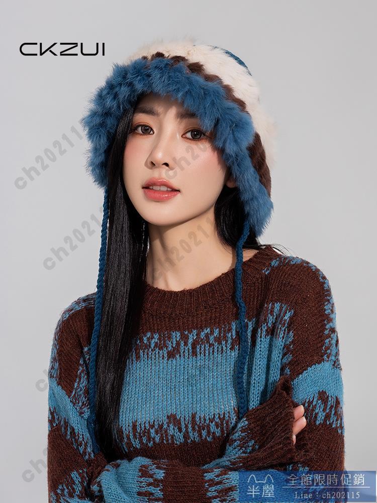 毛帽 兔毛針織帽女秋冬百搭顯臉小加厚保暖系繩盆帽大頭圍毛絨漁夫帽子 半屋