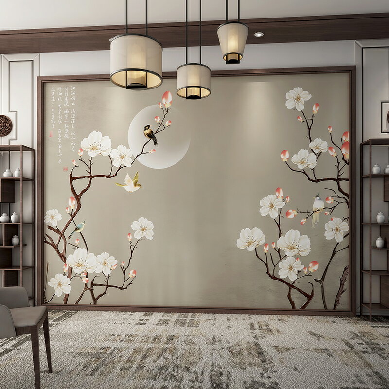 新中式墻布8D電視背景墻客廳墻紙影視花鳥大氣餐廳裝飾3D立體壁畫