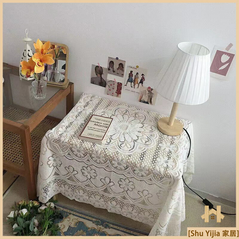 蕾絲桌布 ins風白色床頭排骨架茶幾搭配蓋布小清新正方形地攤桌布
