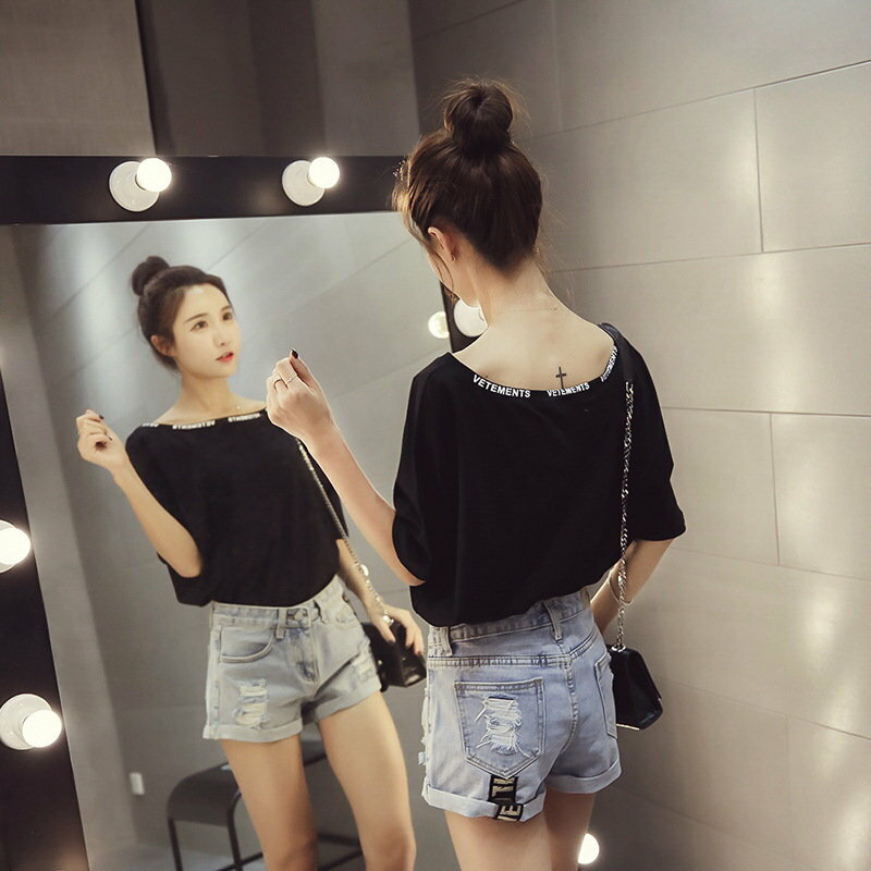 FINDSENSE G5 韓國時尚 夏季 露肩 一字領 條紋 顯瘦 短袖 T恤 寬鬆 大尺碼 上衣