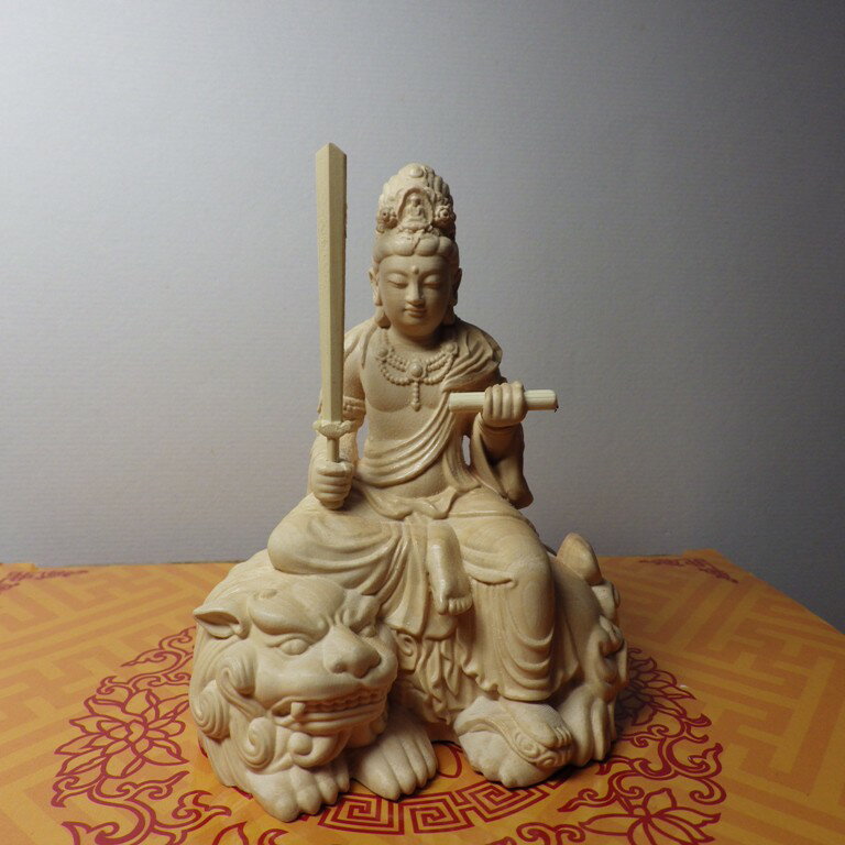 黃楊木精雕文殊菩薩(高10公分)