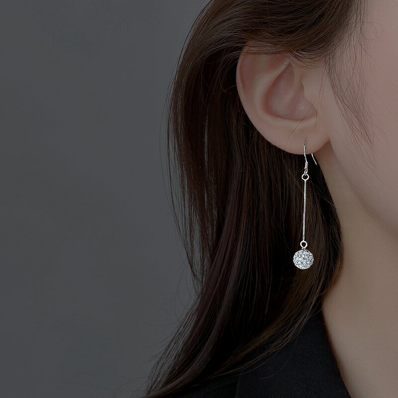 925純銀閃鉆耳環女夏季年新款潮圓球長款耳墜氣質長鏈條耳飾