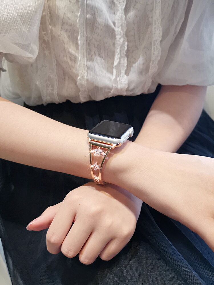適用於蘋果手錶腕帶iwatch6/5/4代表帶6se奢華水鉆38/40/42/44mm金屬運動裝飾替換帶Apple Watch3/2時尚表帶