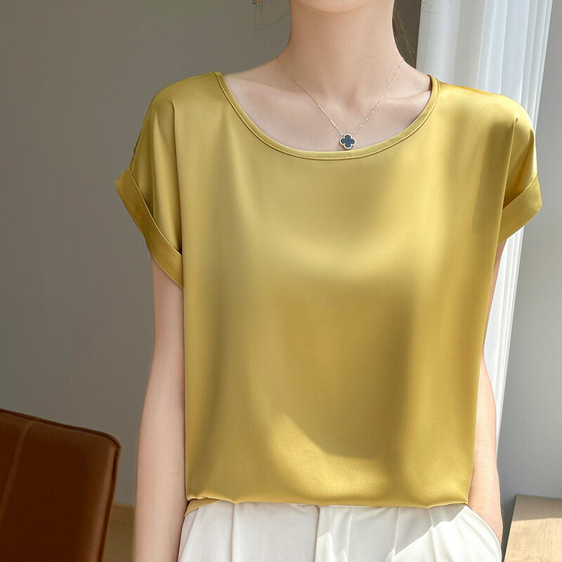 現貨+預購 絲質上衣緞面上衣名媛法式絲綢上衣女短袖上衣休閒女裝天絲純色T恤-落肩7色74lc26【獨家進口】【米蘭精品】