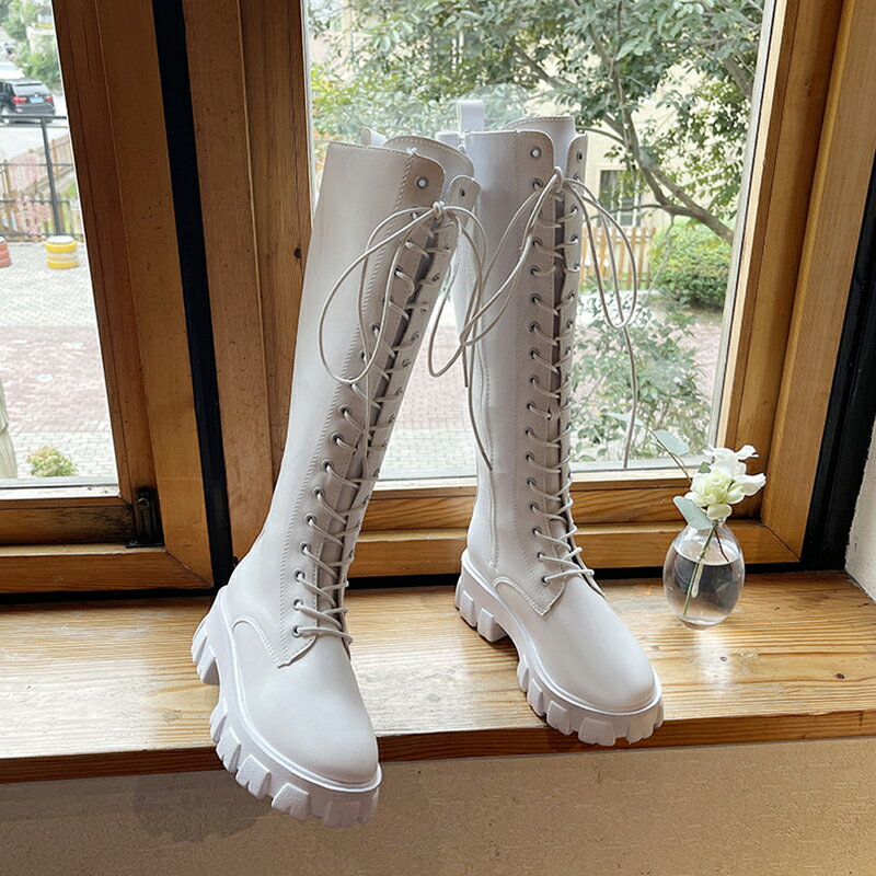 白色馬丁靴厚底顯瘦系帶高筒靴子長筒騎士靴女2021春秋季新款長靴