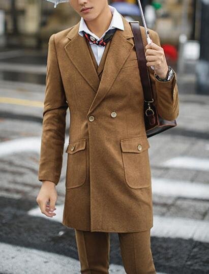 FINDSENSE品牌 韓國男 雙排扣中長款呢料西裝 三件式西裝外套 成套西裝 修身西裝 西裝外套 外套+背心+褲子